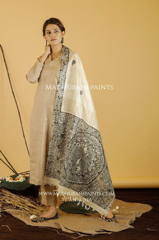 Judwa Matsya Madhubani Handpainted Pure Handwoven Tussar Silk Dupatta