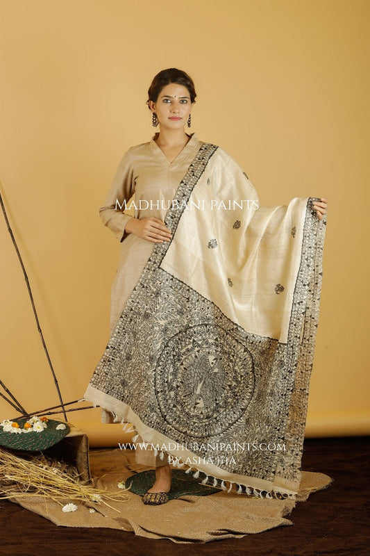 Judwa Matsya Madhubani Handpainted Pure Handwoven Tussar Silk Dupatta