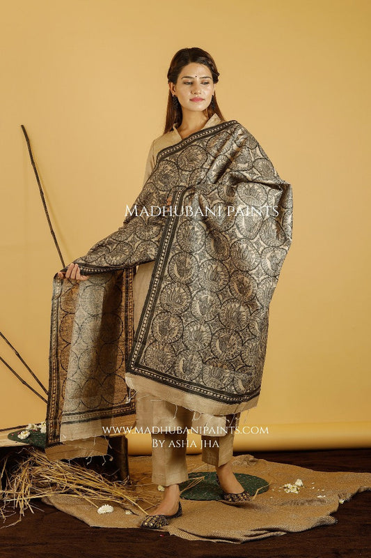 Mayuri Kamal Madhubani Handpainted Pure Handwoven Tussar Silk Dupatta