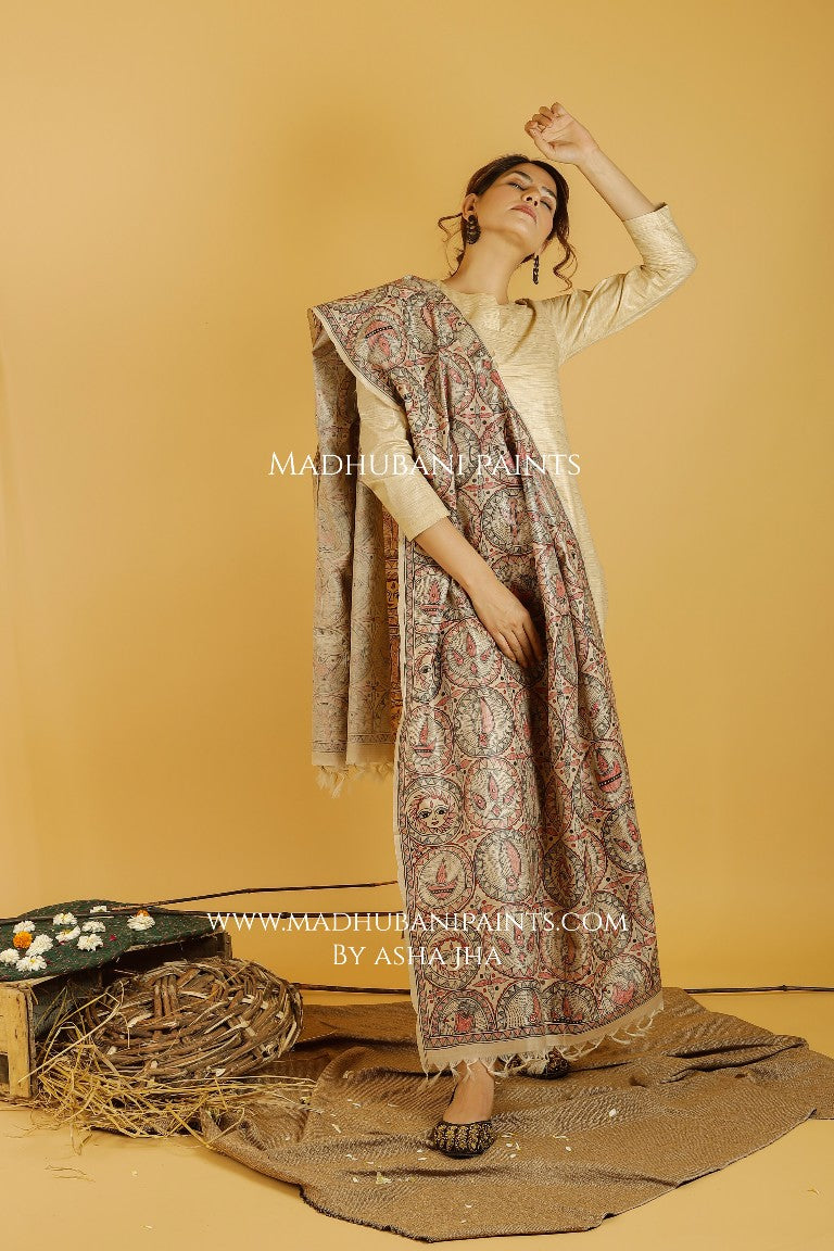 Madhubani Handpainted Pure Handwoven Tussar Silk Dupatta – TheDesignerSaree