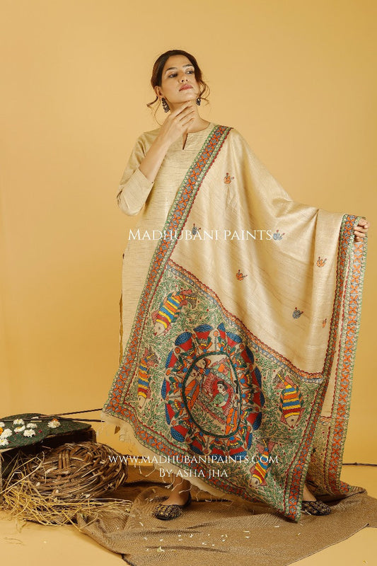 Gauna Doli Madhubani Handpainted Pure Handwoven Tussar Silk Dupatta