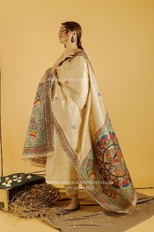 Gauna Doli Madhubani Handpainted Pure Handwoven Tussar Silk Dupatta