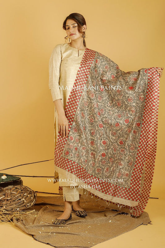 Laal Baag Madhubani Handpainted Pure Handwoven Tussar Silk Dupatta
