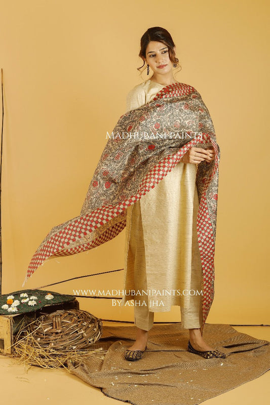 Laal Baag Madhubani Handpainted Pure Handwoven Tussar Silk Dupatta