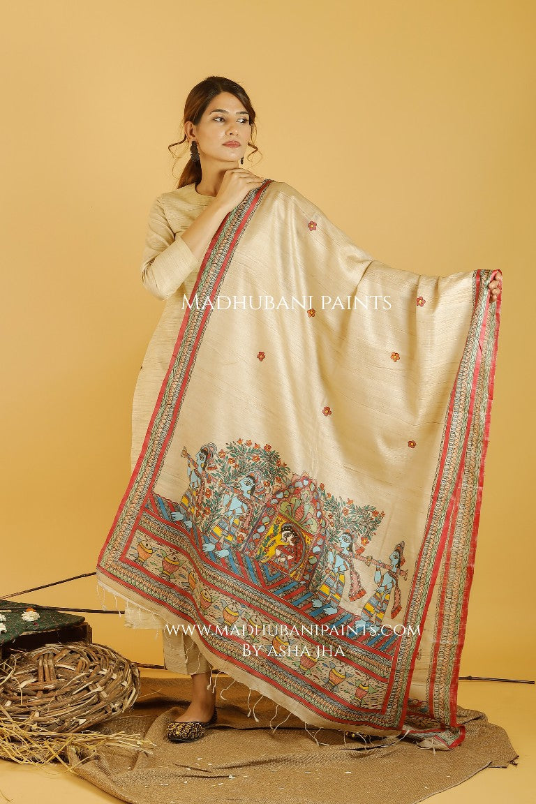 Doli Bidaai Madhubani Handpainted Pure Handwoven Tussar Silk Dupatta