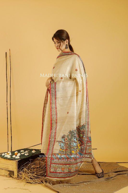 Doli Bidaai Madhubani Handpainted Pure Handwoven Tussar Silk Dupatta