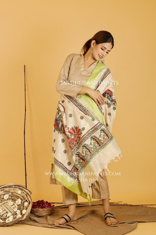 Shiva-Parvati Madhubani Handpainted Pure Handloom Cotton Dupatta