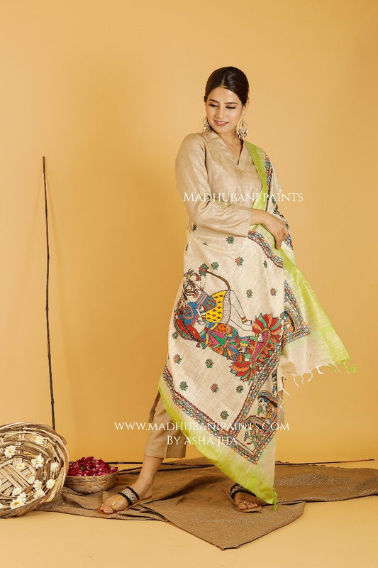 Shiva-Parvati Madhubani Handpainted Pure Handloom Cotton Dupatta