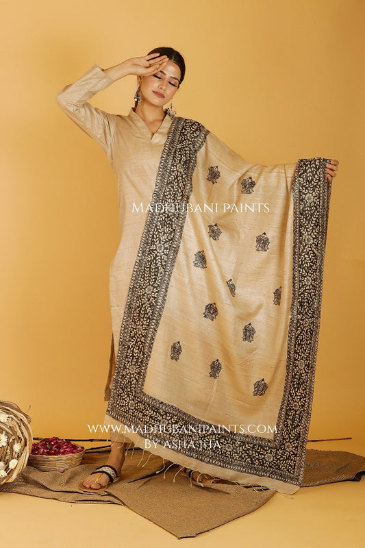 Mithila Minimal Leaves Madhubani Handpainted Pure Handwoven Tussar Silk Dupatta