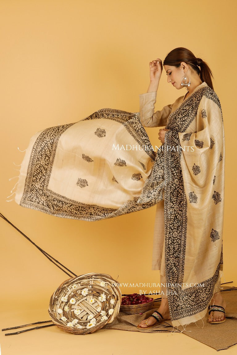 Mithila Minimal Leaves Madhubani Handpainted Pure Handwoven Tussar Silk Dupatta
