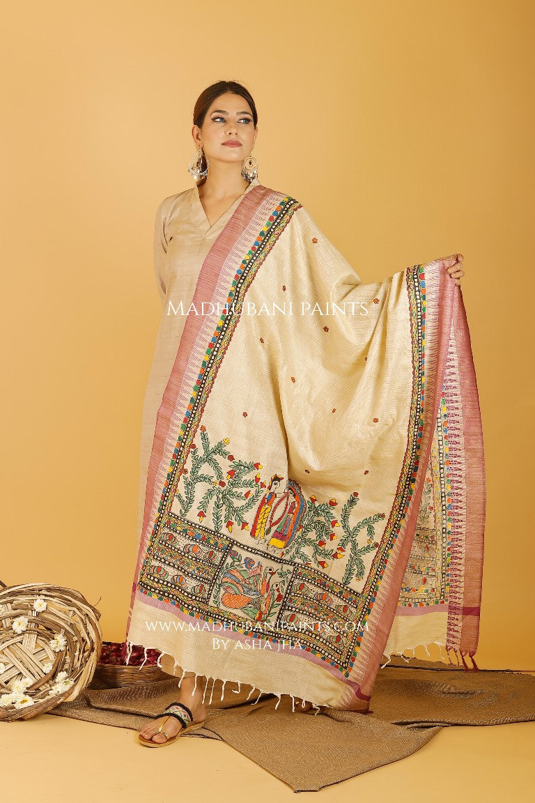 Sita Swaymbar Kathaa Madhubani Handpainted Pure Handloom Cotton Dupatta