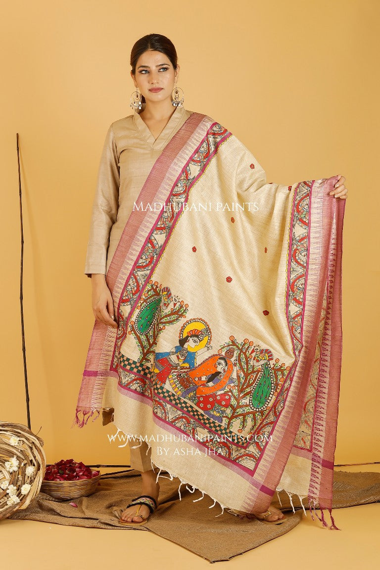 Krishna Radha Leela Madhubani Handpainted Pure Handloom Cotton Dupatta