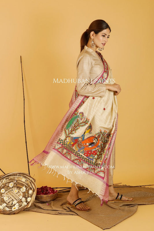 Krishna Radha Leela Madhubani Handpainted Pure Handloom Cotton Dupatta