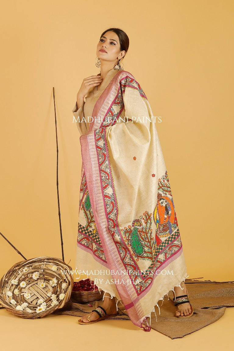 Krishna Radha Leela Madhubani Handpainted Pure Handloom Cotton Dupatta