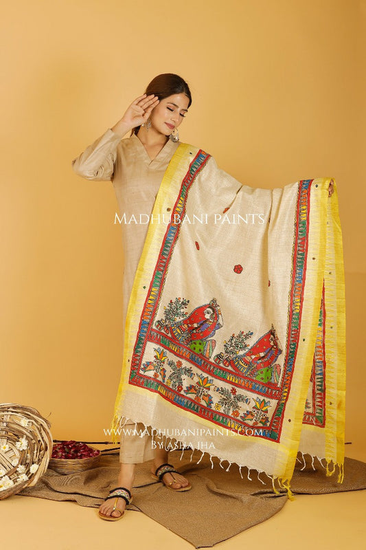 Gopi Madhubani Handpainted Pure Handloom Cotton Dupatta