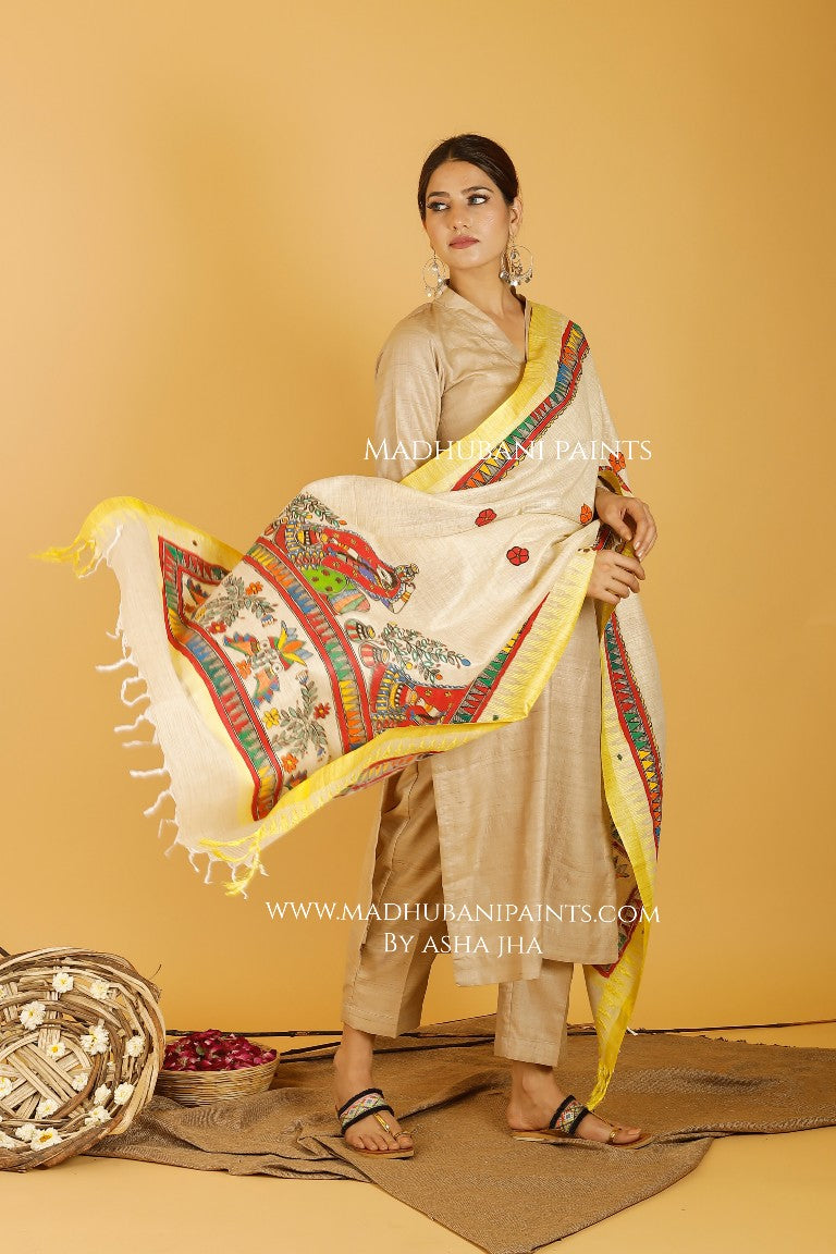 Gopi Madhubani Handpainted Pure Handloom Cotton Dupatta