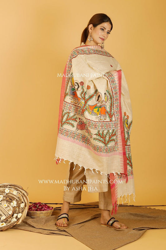 Manmohana Krishna Madhubani Handpainted Pure Handloom Cotton Dupatta