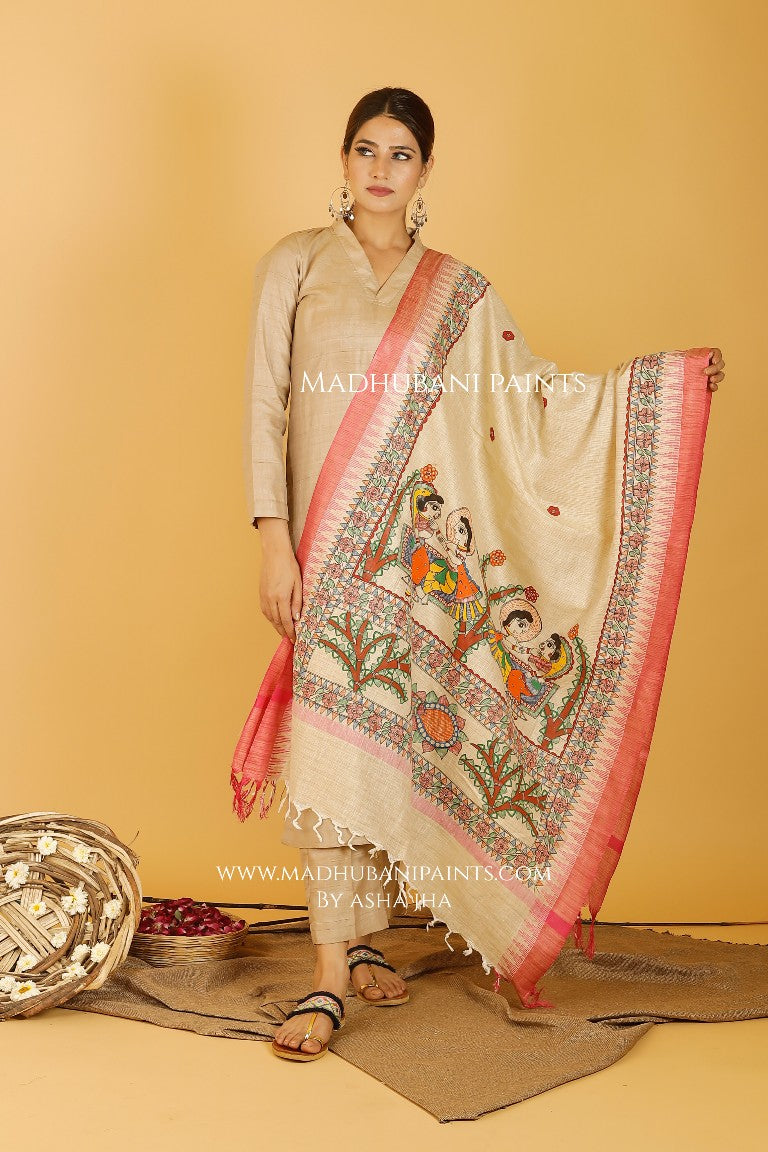 Beige - Handpainted Madhubani Handloom Tussar Cotton Dupatta 16