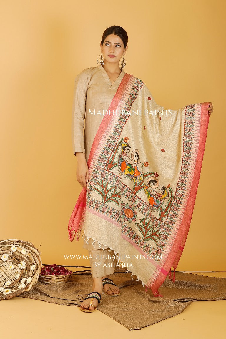 Manmohana Krishna Madhubani Handpainted Pure Handloom Cotton Dupatta