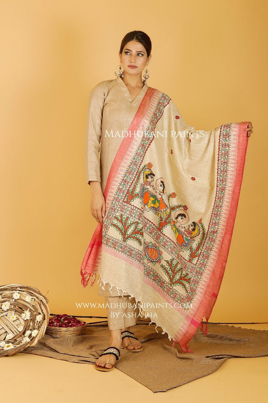 Manmohana Krishna Madhubani Handpainted Pure Handloom Cotton Dupatta