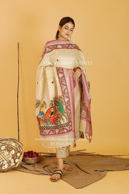 Krishna Radha Leela Madhubani Handpainted Pure Handloom Cotton Dupatta