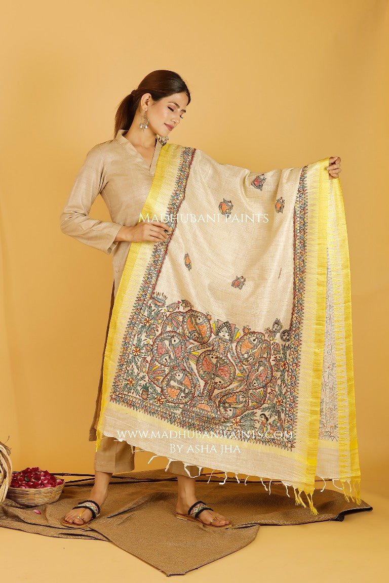 Mithila Kohbar Madhubani Handpainted Pure Handloom Cotton Dupatta