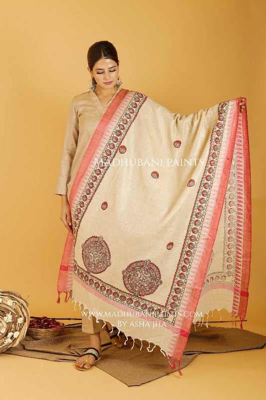 Fish Lotus Mandara Madhubani Handpainted Pure Handloom Cotton Dupatta