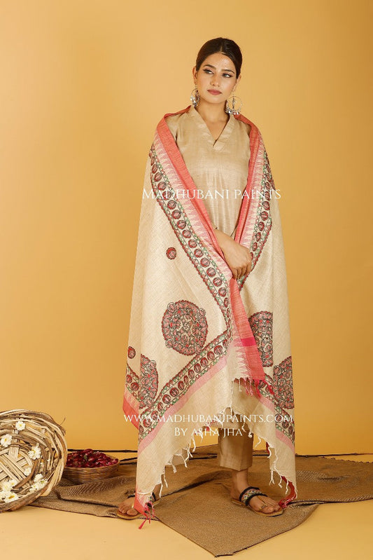 Fish Lotus Mandara Madhubani Handpainted Pure Handloom Cotton Dupatta