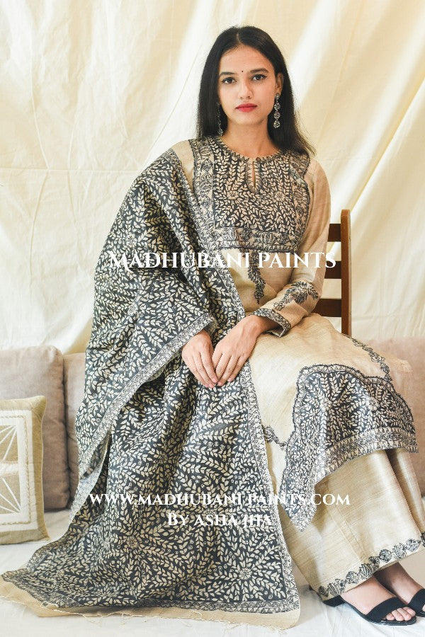 Beige - Handpainted Madhubani Handloom Tussar Cotton Dupatta 11