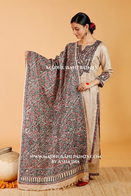 'Surmai & The Lotus' Handpainted Madhubani Tussar Silk Dupatta