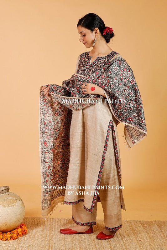 'Surmai & The Lotus' Handpainted Madhubani Tussar Silk Dupatta