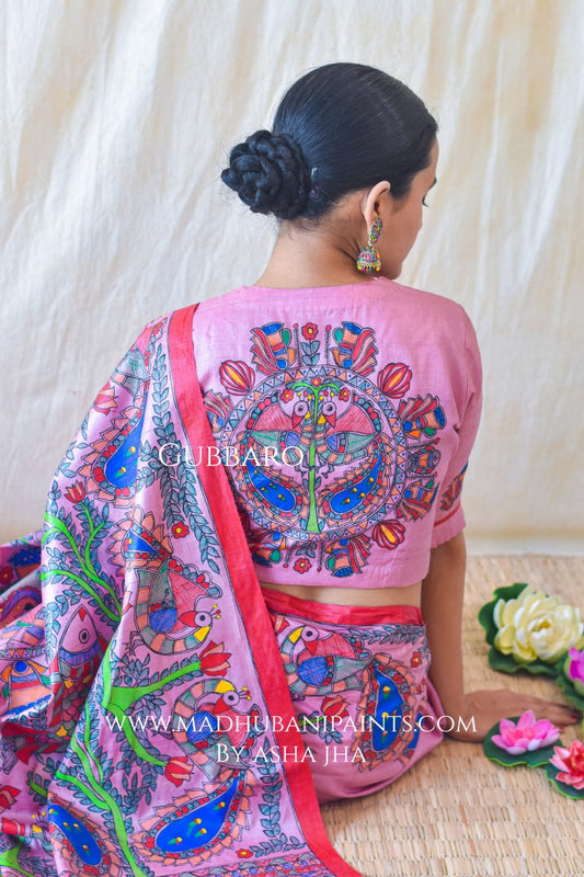 GULABI MAYURI DOLI Handpainted Madhubani Tussar Silk Blouse