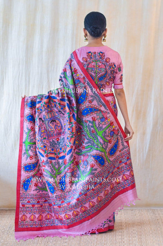 GULABI MAYURI DOLI Madhubani Painting Saree Blouse set