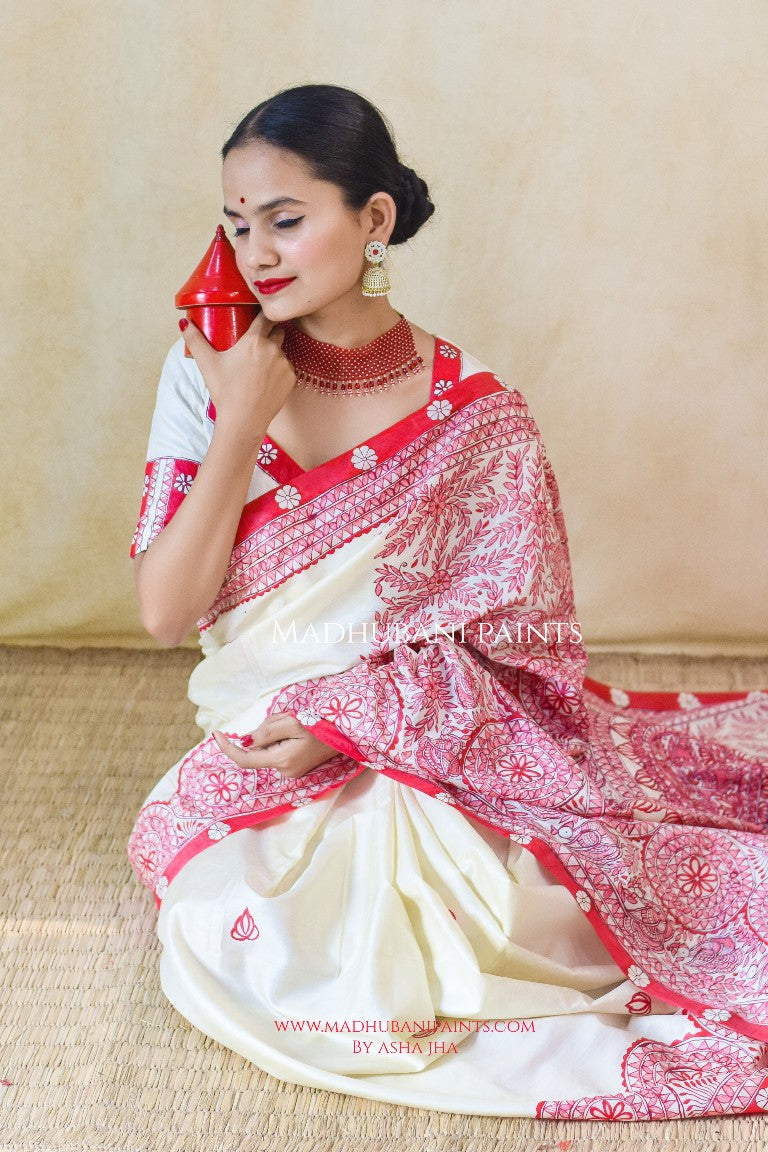 Manik Raina Handpainted Madhubani Tussar Silk Saree Blouse Set