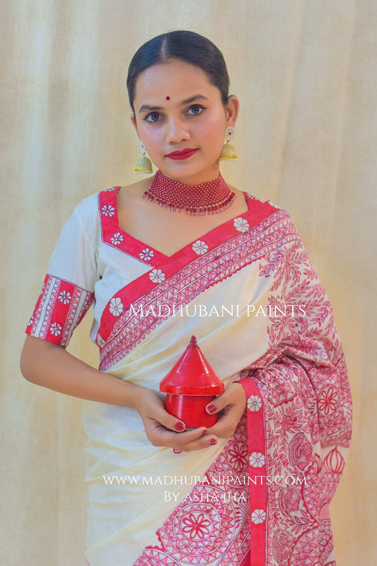 Manik Raina Handpainted Madhubani Tussar Silk Saree Blouse Set