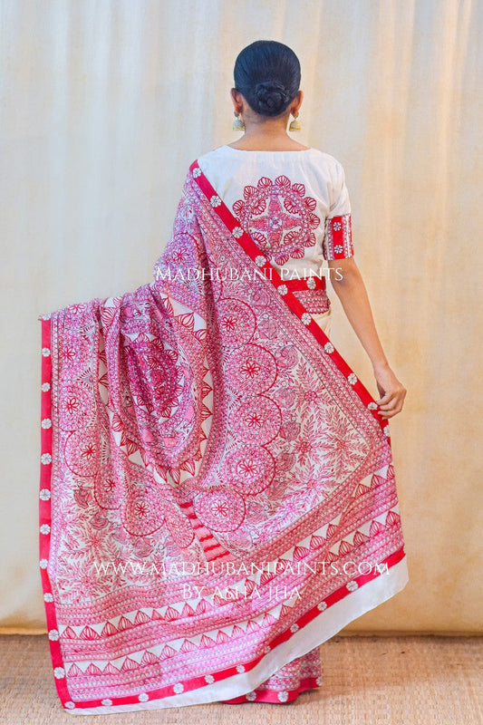 Manik Raina Handpainted Madhubani Tussar Silk Saree Blouse Set