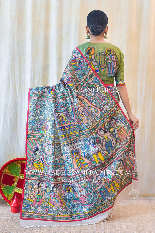 RAMAYANAM Handpainted MadhubaniPainting Saree Blouse Set