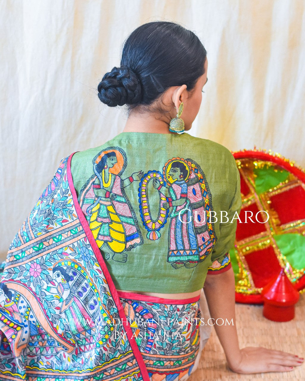 RAMAYANAM Handpainted MadhubaniPainting Saree Blouse Set