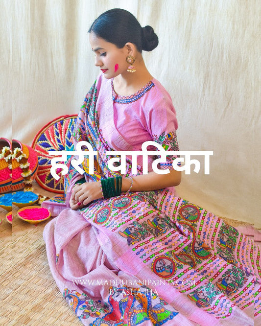 Hari Vatika Chanderi Handpainted Madhubani Saree
