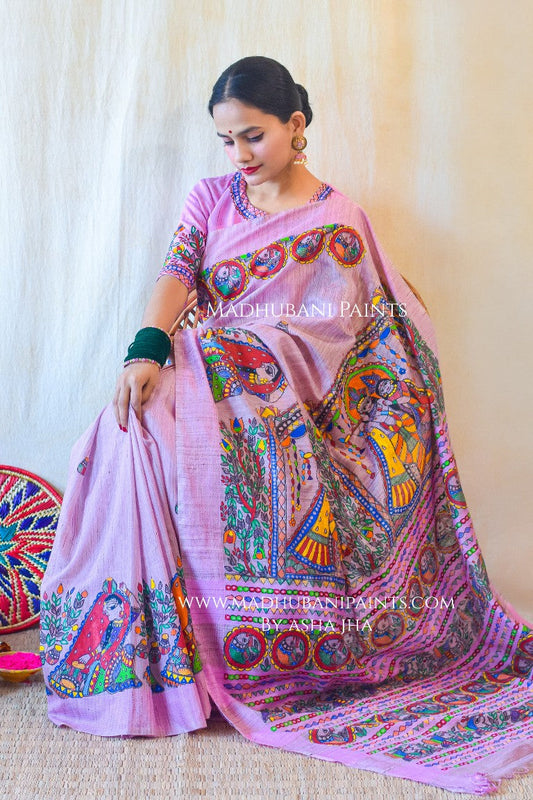 Hari Vatika Chanderi Handpainted Madhubani Saree