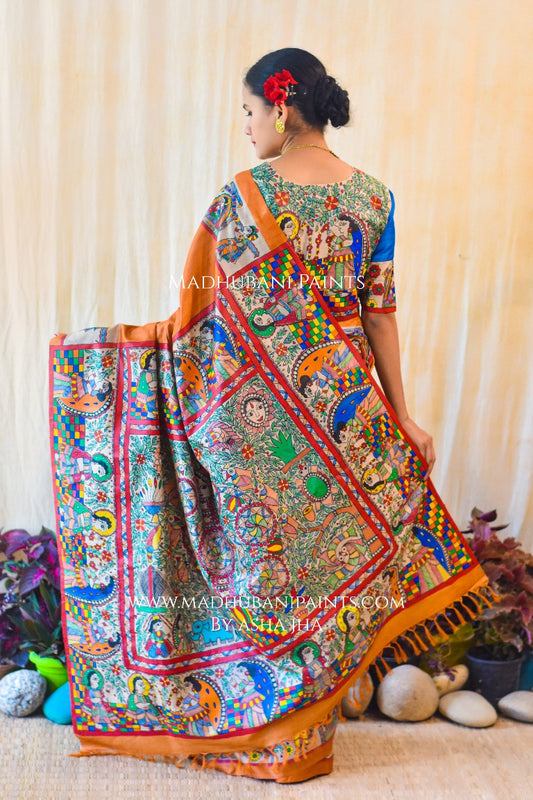Swayamvar Kohbar Kathaa Madhubani Paints Hand Painted Saree Blouse Set