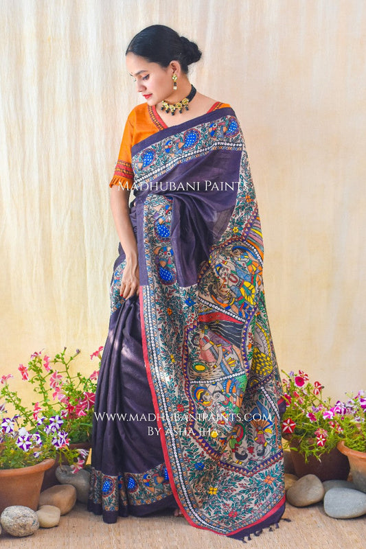 KRISHNA RAAS' Handpainted Madhubani Tussar Silk Saree