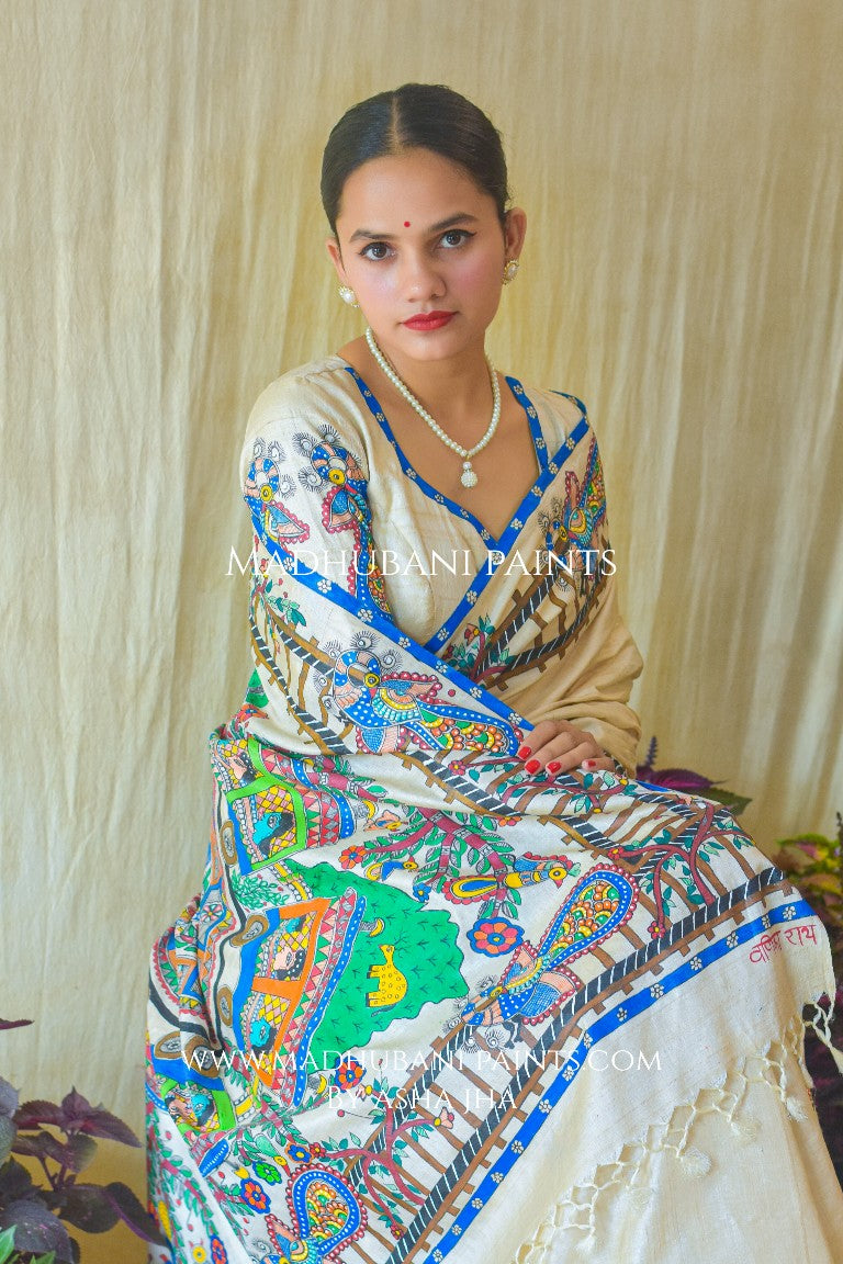RAILGADI Handpainted Madhubani Painting Tussar Silk Saree
