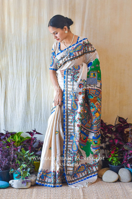 RAILGADI Handpainted Madhubani Painting Tussar Silk Saree