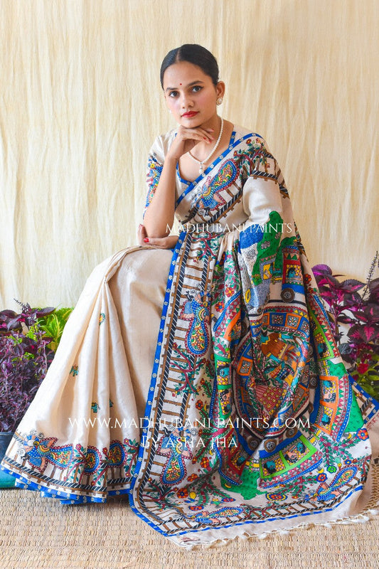 RAILGADI Handpainted Madhubani Painting Tussar Silk Saree
