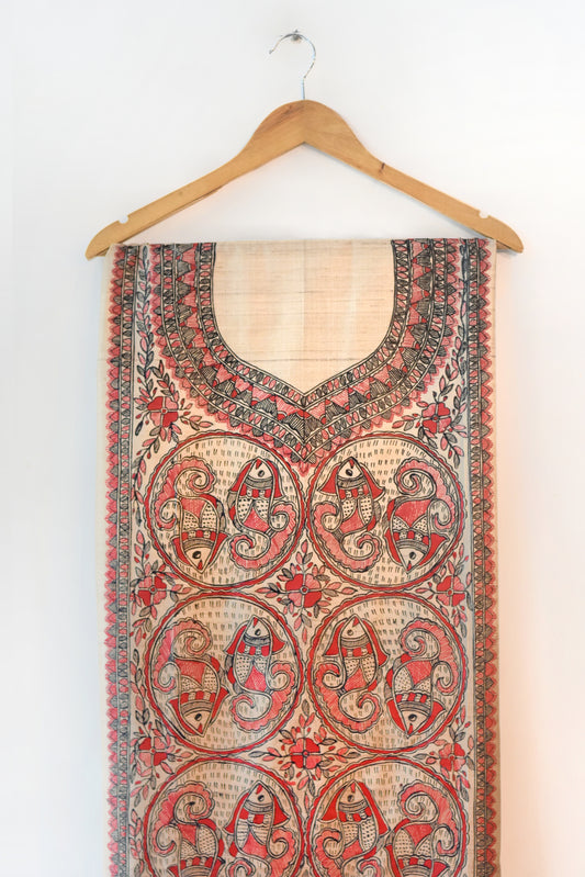 Laal Kaala Matsya Hand-painted Madhubani Painting Tussar Silk Unstitched Kurta