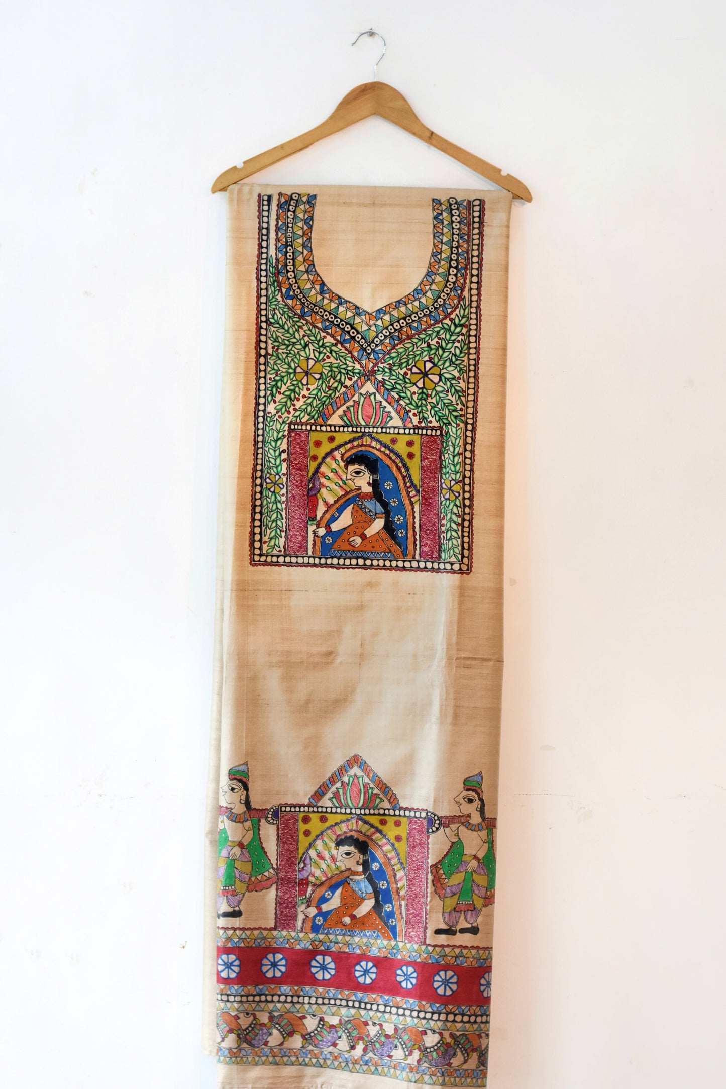 Mithila Doli Hand-painted Madhubani Painting Tussar Silk Unstitched Kurta