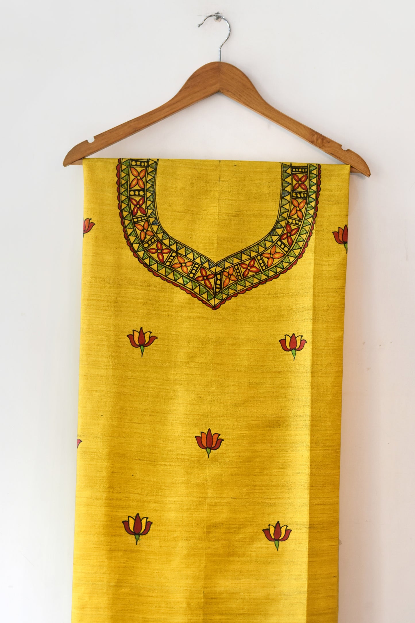 Yellow Doli Hand-painted Madhubani Painting Silk Unstitched Kurta