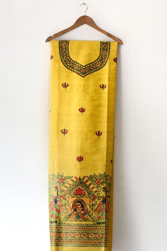 Yellow Doli Hand-painted Madhubani Painting Silk Unstitched Kurta