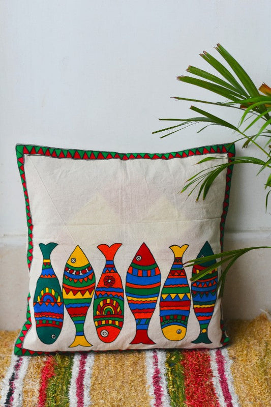 Madhubani Painting Minimal Fish Design Cushion